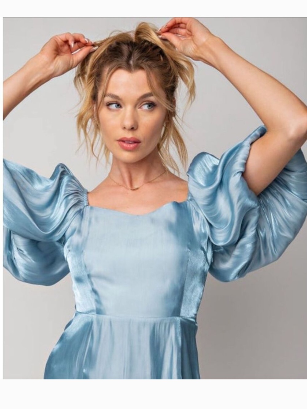 easel Puff Sleeve Shiny Satin Blue Dress